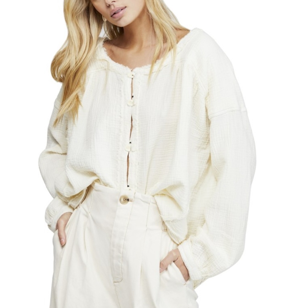 BOHO FREE PEOPLE MOVING‎ MOUNTAINS 100% COTTON CREAM TOP BUTTON DOWN BLOUSE